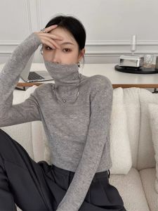 French High Collar Knitted Sweater Womens Spring 2025 Advanced Grey Overlap Inner Wear Slim Fit Base Shirt Korean Style