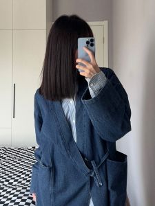 Kimono Sense Denim Outwear Womens Mid Length Long Length Spring & Fall New Arrival Drawstring Lace Japanese-Style Retro Mens and Womens Couple Jacket Fashion