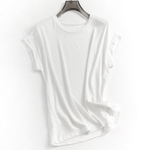 เสื้อยืดคอกลมแขนสั้นทรงสลิมฟิตสำหรับผู้หญิงในช่วงฤดูร้อน สไตล์ลำลอง สีพื้น เสื้อผ้าทำงานแบบสวมหัว ผ้าฝ้ายผสมโพลีเอสเตอร์