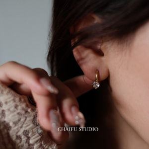 Chai Fu Studio/E243 Retro Simple Zircon Earrings Super Flash Titanium Steel Niche Style Light Luxury Temperament Ins Ear Clip