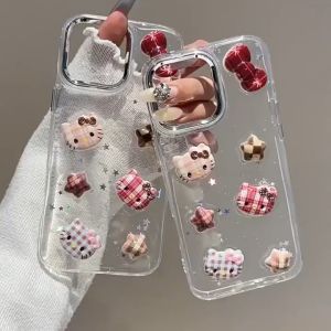 3D เคสศัพท์ลายแมวการ์ตูนลายตารางสำหรับ iPhone 11 12 13 14 15 16 Pro Max Plus เคสโปร่งใสแวววาว ปกอ่อนสำหรับเคส iPhone13