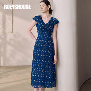Roey s house | Elegant Work Blue Flower V-neck Flounce Waist-cinched Dress