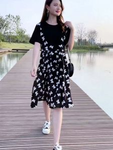 Korean Style Women's Dress: A Line, Short Sleeve, Floral Print