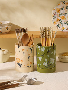 French Style Ceramic Chopsticks Storage Box Drainable Anti-Mold Kitchen Chopsticks Basket Home Use round Shape Single Tube