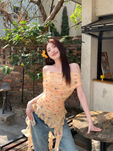 plus Size Floral Print Asymmetrical French Style Shoulder T-Shirt Womens Summer Slim Fit Commute Short Sleeve Casual Top