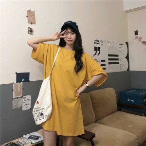 Nightdress Womens Summer Hong Kong Style T-Shirt Womens Short Sleeve Mid Length Long Length Summer Student Loose Ins Style Pure Color Cotton round Neck Fashion