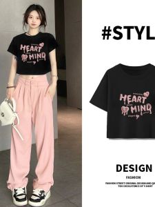 Stunningly Beautiful Loose Slimming Short Sleeve T-Shirt Womens Fashionable Summer Top Macaron Color Printed Cotton round Neck