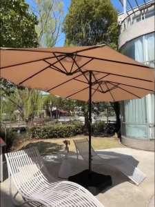 Large Three-headed Outdoor Patio Garden Umbrella with Base Stand Heavy Duty with Solar Light Big Garden Umbrella Folding Patio Umbrella Beach Courtyard Awnings Cafe Parasol Canopy Sunshade Waterproof Table Umbrella Camping Tent