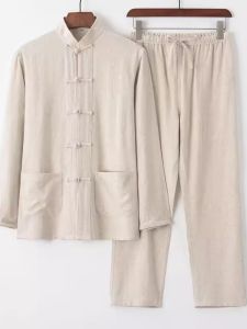 Mens Long Sleeve Cotton Linen Set Spring Autumn Style Buttoned Hanfu Tea Costume Dad Clothes Traditional Chinese Retro Shirt
