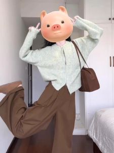 Green Knitted Sweater Coat Womens Autumn Winter Loose Style Base Layer Short Top Lazy Fashion High End Feeling Outerwear