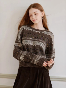 XIANGYING | Áo Sweater Len Pha Lông Vintage Màu Sọc cho Nữ