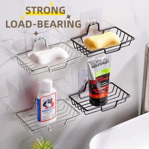 Stainless Steel Bathroom Soap Holder Wall Mounted No Drilling Kitchen Sponge Tray Holder Organizer Sticky Soap Dish Rack
