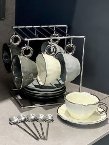 Elegant Ceramic Coffee Cup Set High-End Ladies Stylish Design Coffee Cups with Holder Gift Box Set of 6 Handmade European Style