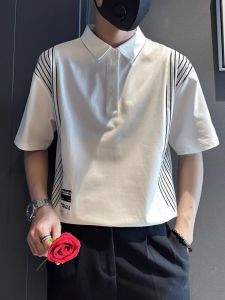 Áo Thun Nam Tay Ngắn Màu Trắng Thời Trang Mùa Hè 2024 Áo Thun Polo Kẻ Sọc Nửa Tay Cổ Polo Thường Ngày Thường Ngày