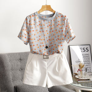 Summer New Style Anti-Aging Pig Print Short Sleeve Silk Chiffon Top Loose Womens T-Shirt Korean Style round Neck Casual Wear