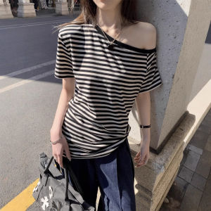 เสื้อยืดลายทางแขนสั้นหลวมๆ สำหรับผู้หญิง ฤดูร้อน 2025 ทรงหลวมๆ แขนสั้น ทรงหลวมๆ สำหรับนักเรียน เสื้อผ้าทำงาน ผ้าฝ้ายผสม