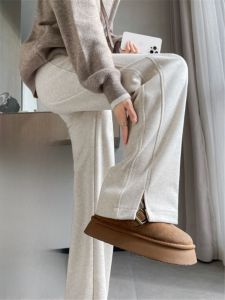 QIAONIAOGE | Fleece Lined Wide Leg Woolen Trousers Autumn Winter New Style Slit Straight Cut Slim Fit Banana Pants Korean Commute Style