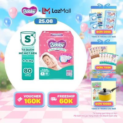 [25-29.08 QUÀ TO][TẶNG MIẾNG] Tã quần mở một bên Bobby dành cho bé sơ sinh size S80