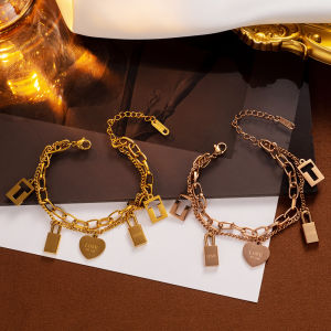 BESFOME Non Tarnish Titanium Steel Women Double Layered Love Letter Heart-Shaped Key Lock Pendent Bracelet