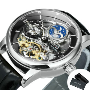 Forsining Luxury Skeleton Mechanical Watches for Men Dual Time Zone Tourbillion Automatic Watch Genuine Leather Strap Moon Phase