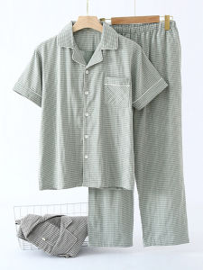 สไตล์ญี่ปุ่น หลวม Fit ฤดูร้อน ผู้ชายบริสุทธิ์ ผ้าฝ้าย ชุดนอนผ้ากอซแขนสั้นบาง กางเกงขายาว เสื้อผ้าบ้าน ฤดูใบไม้ผลิ ฤดูใบไม้ร่วง สวมใส่