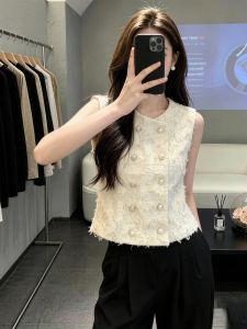 SHUAIYUE | Áo Gile Ngắn Kiểu Pháp Không Tay Có Nút Đôi Và Ruy Băng