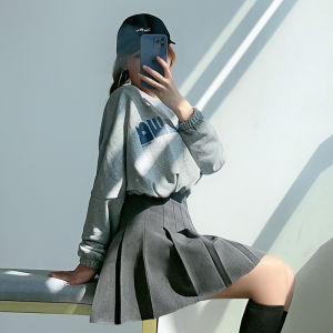 กระโปรงสั้นทรงเอเอวสูงลายจุดสีเทาสำหรับผู้หญิง กระโปรงสั้นฤดูร้อน กระโปรงทรงเอป้องกันแสง เสื้อผ้าทำงาน