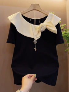 plus Size Womens Summer New Short Sleeve T-Shirt Floral Print Slimming Top for Plump Sister Black Color Casual Comfortable Fit