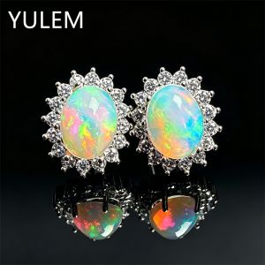 YULEM 8x10mm Oval Natural Fire Opal Earrings 925 Sterling Silver With Zircon Halo Ladies Fine Jewelry Stud Earrings