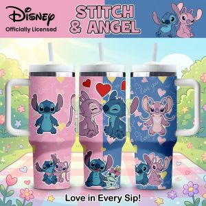 Disney | 1pc 40oz Stitch & Angel Stainless Steel Water Bottle Insulated Tumbler Cup for Hot & Cold Drinks with Handle & Straw Daily Use