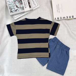 Boys summer clothes set Baby casual fashion striped short-sleeved clothes set Childrens handsome T-shirt + comfortable denim shorts two-piece set