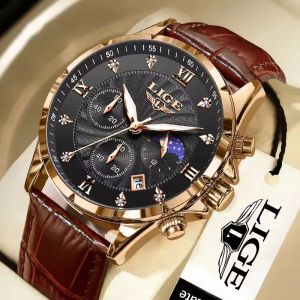 LIGE New Men Watches Sport Waterproof Leather Quartz Watch Date Luminous Chronograph Watch For Men+Box