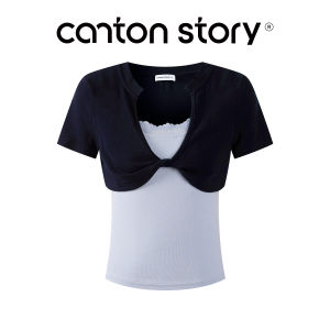 Cantonstory | Bộ Đồ Hai Mảnh Phong Cách Hàn Quốc Áo Thun Tay Ngắn Nút Bướm Dây Kéo