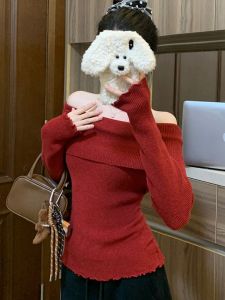 GUZILIAN | Autumn Winter New Style Pure Desire Spicy Girl Gentle Neck Hanging One Shoulder Knitted Design Sense Pleated Slim Fit Inner Wear Top For Women