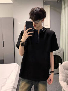 American Style High Street Rivet Design Shoulder Padded Short Sleeve T-Shirt Mens Summer CleanFit Heavyweight Zipper Detail