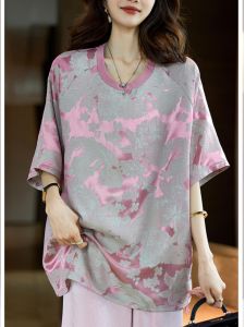 Áo Thun Tay Ngắn Họa Tiết Hoa Thanh Lịch Dành Cho Nữ Mùa Hè 2025 Phong Cách Mới Trung Quốc Thời Trang Cỡ Lớn Áo Thun Cổ Tròn Dài Vừa Phải