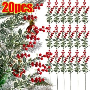 20/10Pcs Articifial Christmas Red Berry Flowers Holly Leaves Branch DIY Wreath for Xmas Tree Ornaments New Year Party Home Decor