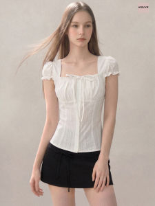 KBVVR | White Square Collar Puff Sleeve Slim Fit Short Shirt
