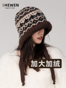 Fell Island Knitted Hat Womens Autumn Winter Large Head Size Fleece Lined Woolen Baroque Cap Baggy Hat Casual Comfortable