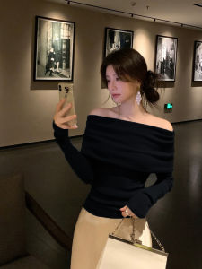 Black off Shoulder Long Sleeve Knit Shirt Womens Early Autumn Base Layer Shirt Korean Style Commute Fashion Moderate Softness