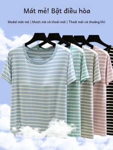 Modal Short-Sleeved T-shirt Womens Summer Thin Wear-Free Bra Casual Tops Plus Size Slimming outside Wear Stripes Bottoming Shirt