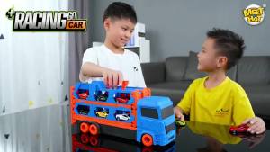Large Car Transporter Truck Folding Track Racing Vehicle Kids Competitive Games Storage Alloy Car Boy Toy Children Novel Gift