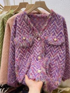 Loose V-neck Mink Knitwear Womens Autumn Winter Fashion Elegant Cardigan Long Sleeve Button Detail Regular Length Solid Color