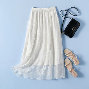 XMO | French Embroidered Silk A-Line Long Skirt