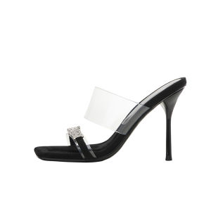 Summer New Womens Sandals High Heels Transparent Fairy Style Letter Rhinestone Thin Heel Fashionable Low Cut Buckle Closure