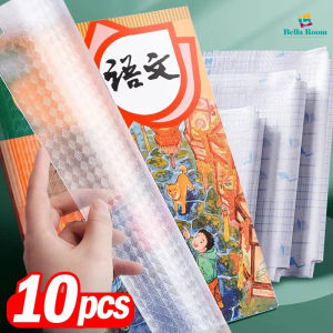 10Pcs Diamond Grain Clear Plastic Book Covers with Name Stickers Self-adhesive Waterproof Textbook Notebook Protective Film