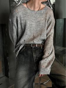 Lightweight T-Shirt Mens Long Sleeve Knitted Brushed Hole Summer Spring Vintage Top Coat Lazy Style Outerwear Polyester Fiber