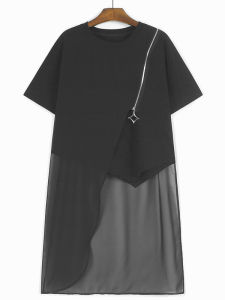 เสื้อยืดคอกลมแขนสั้นผ้าโพลีเอสเตอร์ทรงหลวมสำหรับผู้หญิง ฤดูร้อนปี 2025 เสื้อตัวบนสไตล์มินิมอลสุดเก๋ไก๋