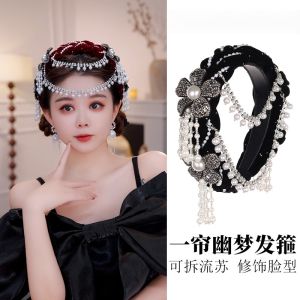Retro Velvet Hairband with Detachable Tassel Handmade Pearl Flower Design French Style Ethnicity Headwear Womens Fashion Accessories