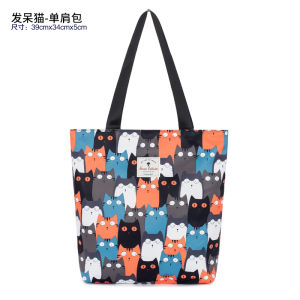 Eco-Friendly Cat Print Shopping Bag Womens Large Tote Shoulder Handbag Magnetic Closure Oxford Cloth Cartoon Anime Style